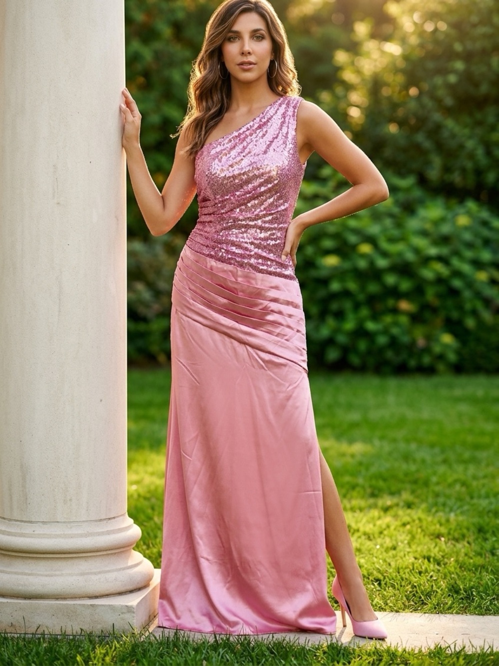 One-Shoulder Pink Sequin & Satin Evening Gown